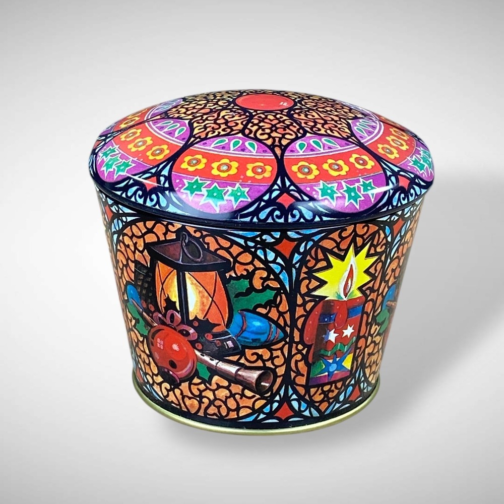 Meister Brazil‎ Tin – 1980s Holiday Stained Glass Collectible Canister Vintage